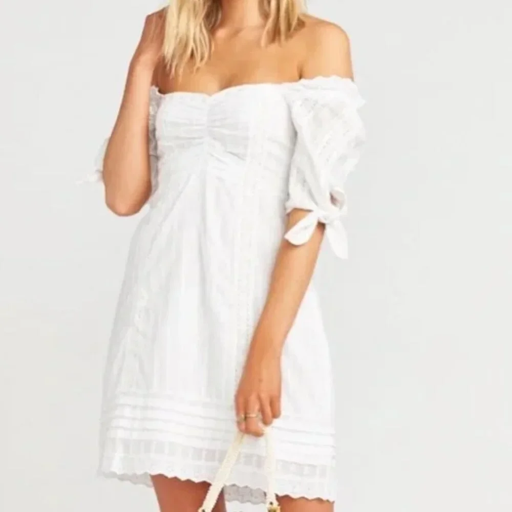 NWT SHOW ME YOUR MUMU Hartley White Crochet Lace Off-Shoulder Mini Dress S - Picture 2 of 8
